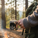 Fans Geek Store stainless steel Pokemon Pokeball mug with carabiner handle held by a hiker in a forest