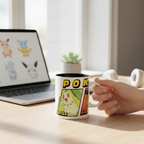 Fans Geek Store ceramic mug featuring Chikorita, Totodile, and Tepig from Pokémon Legends: Z-A on a wooden desk