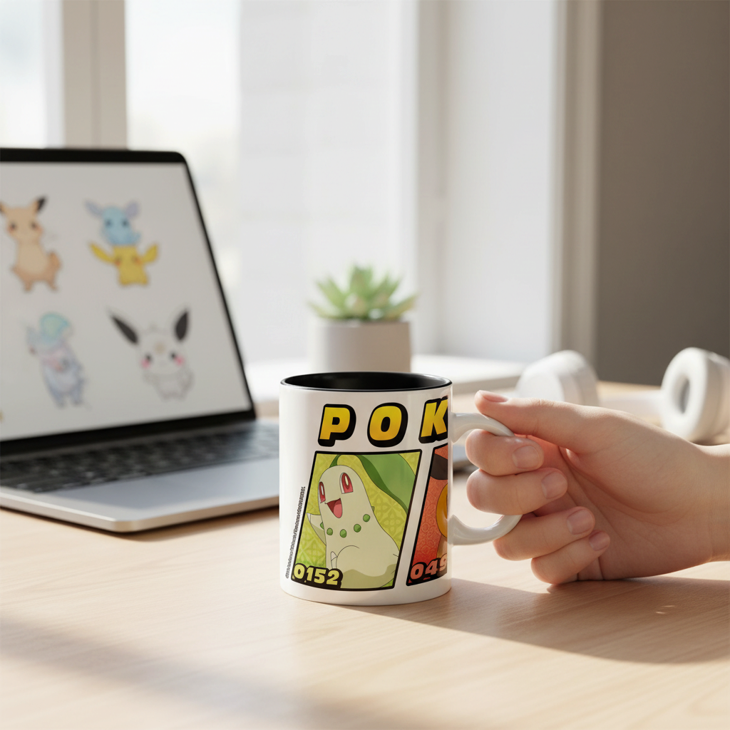 Fans Geek Store ceramic mug featuring Chikorita, Totodile, and Tepig from Pokémon Legends: Z-A on a wooden desk