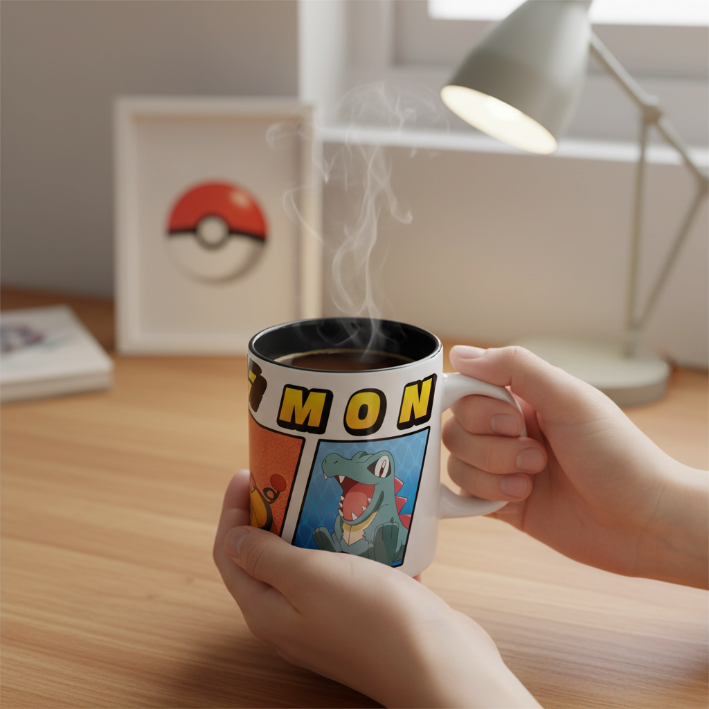 Fans Geek Store ceramic mug featuring Chikorita, Totodile, and Tepig from Pokémon Legends: Z-A, held in hands.
