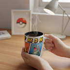 Fans Geek Store ceramic mug featuring Chikorita, Totodile, and Tepig from Pokémon Legends: Z-A, held in hands.