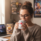 A woman in a cozy sweater holding a Fans Geek Store Pokémon Trainer ceramic mug with a Poké Ball design.