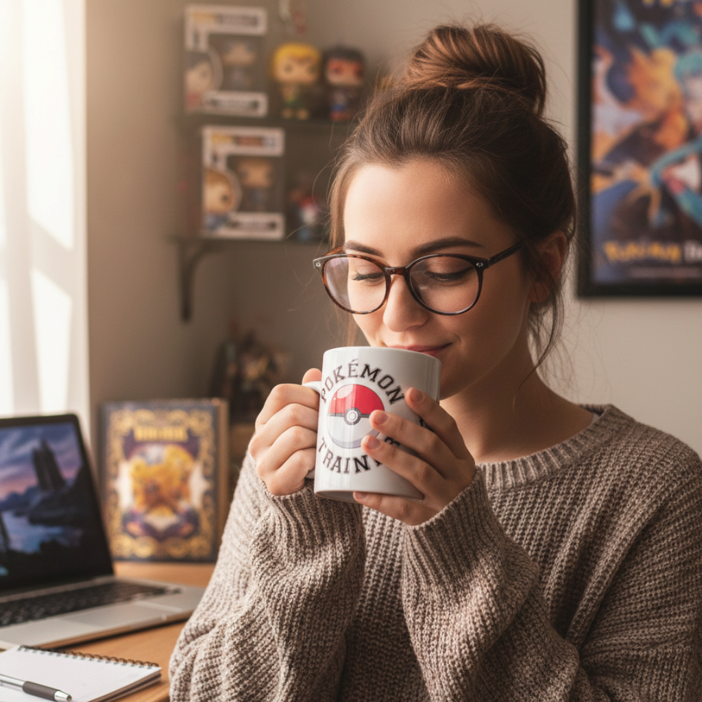 A woman in a cozy sweater holding a Fans Geek Store Pokémon Trainer ceramic mug with a Poké Ball design.