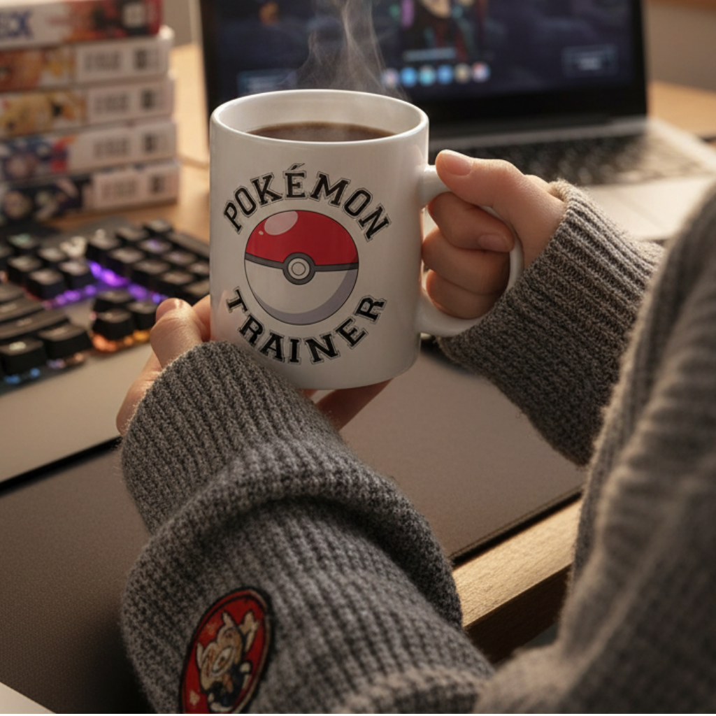 Fans Geek Store ceramic Pokémon Trainer mug with Poké Ball design held by a person at a gaming desk