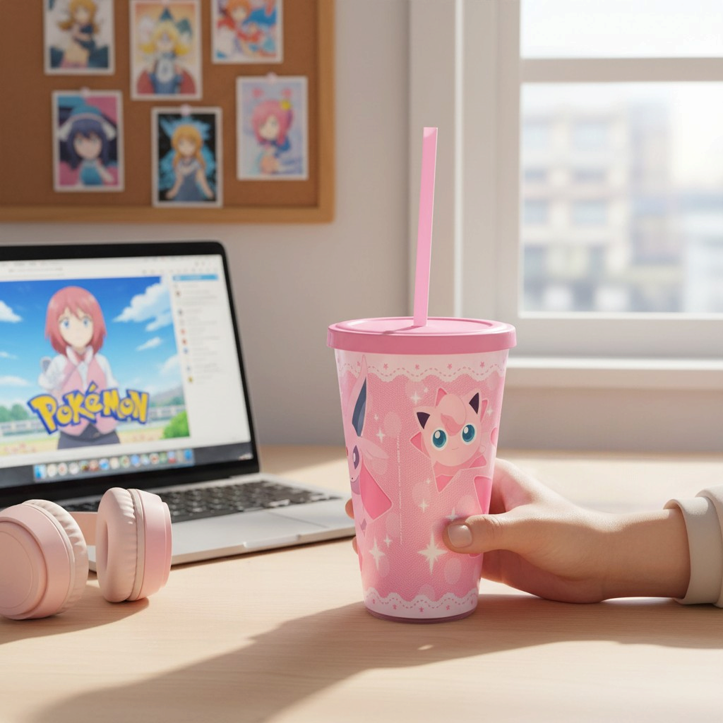 Fans Geek Store pink Pokémon tumbler featuring Espeon, Mew, and Jigglypuff with a lid and reusable straw on a desk.
