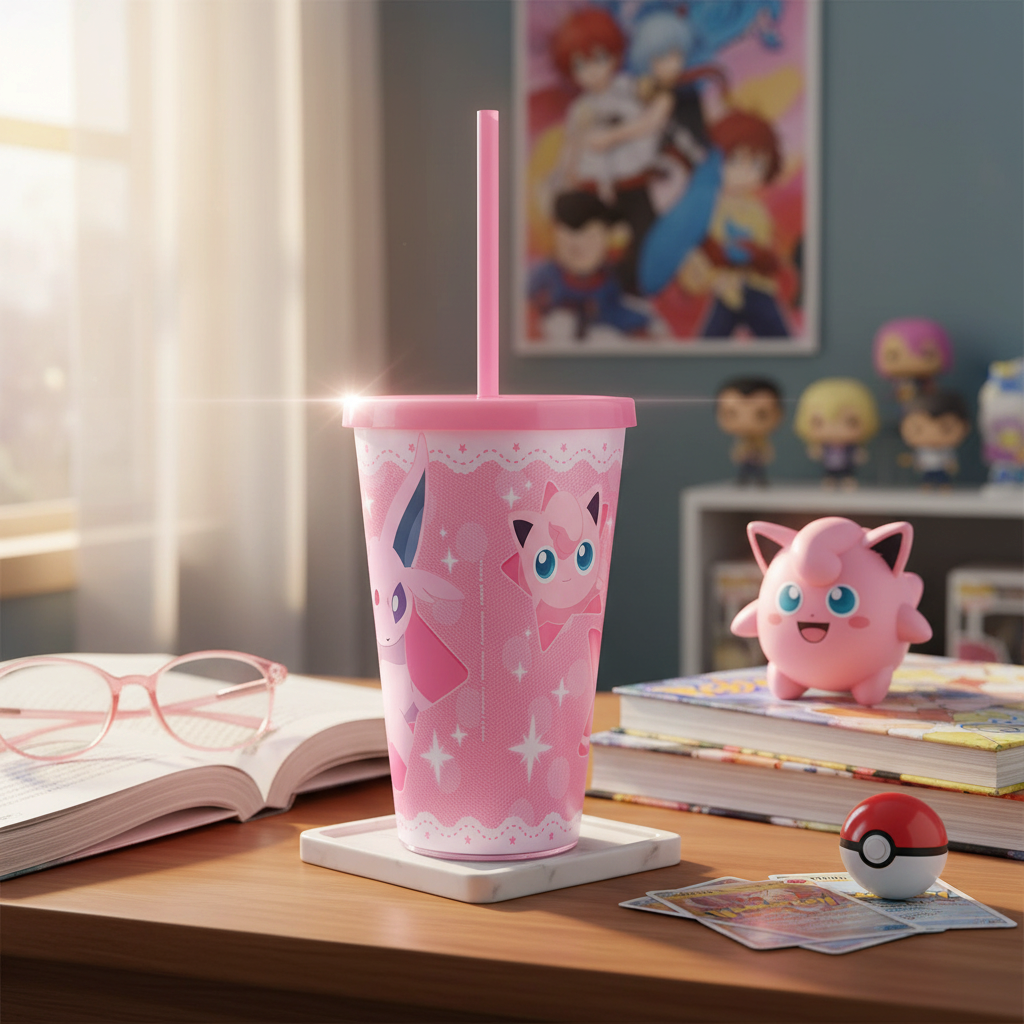 Fans Geek Store pink Pokémon tumbler featuring Espeon, Mew, and Jigglypuff with a reusable straw and screw lid.