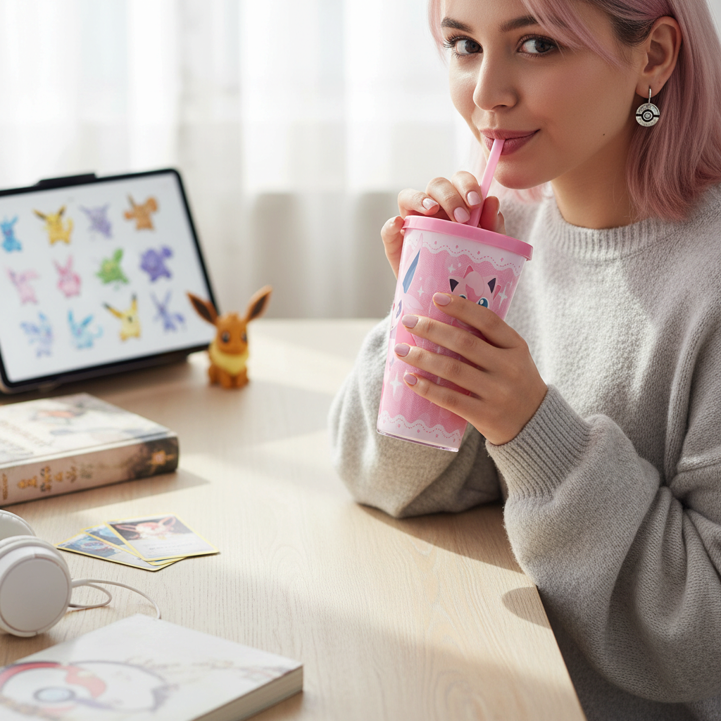 Fans Geek Store pink Pokémon tumbler featuring Espeon, Mew, and Jigglypuff with a reusable straw and screw lid
