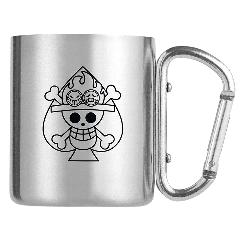 Fans Geek Store One Piece Portgas D. Ace stainless steel mug with a carabiner handle and pirate symbol print.