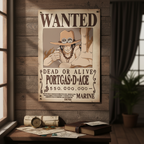 Fans Geek Store One Piece Portgas D. Ace chibi wanted poster on a rustic wooden wall with nautical decor