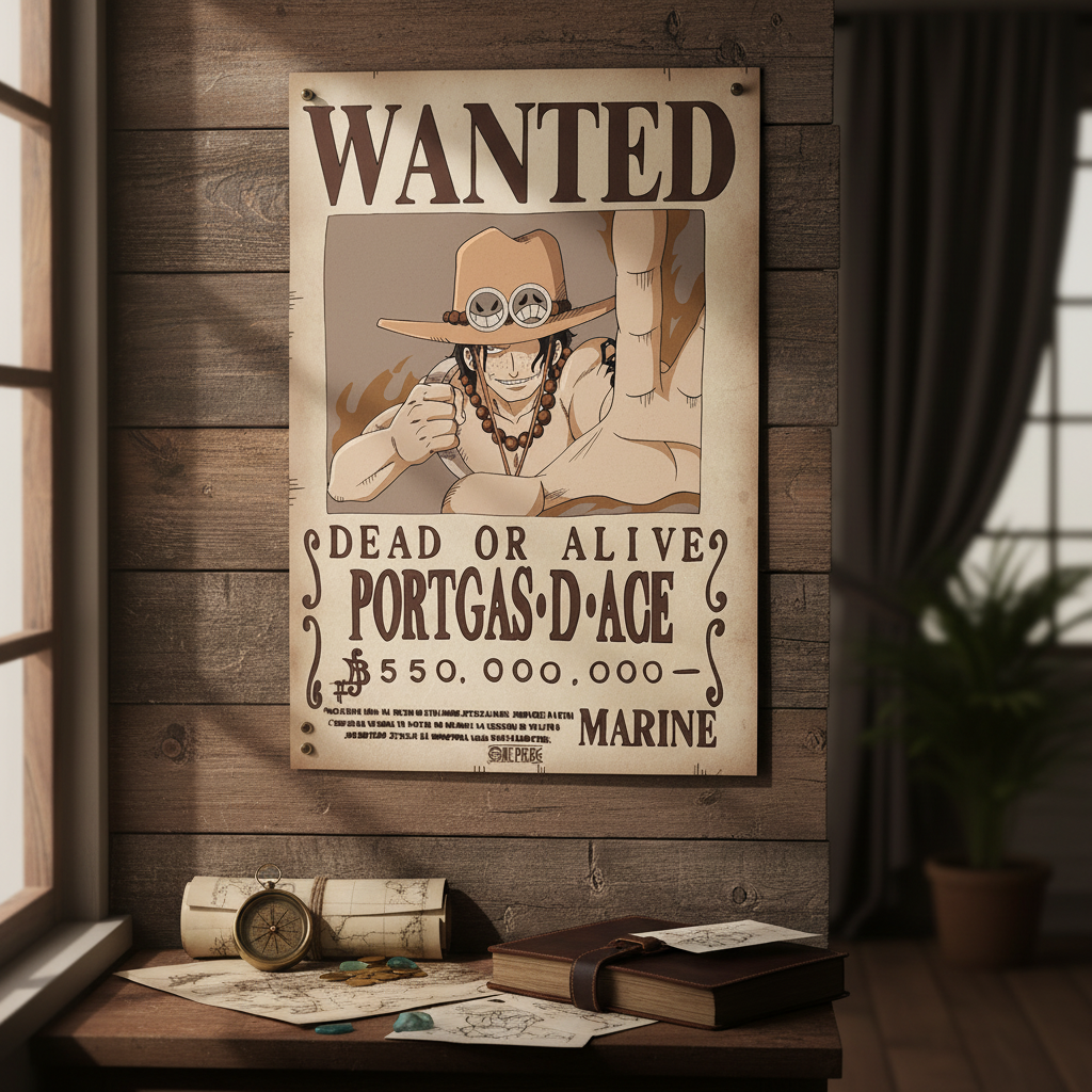 Fans Geek Store One Piece Portgas D. Ace chibi wanted poster on a rustic wooden wall with nautical decor