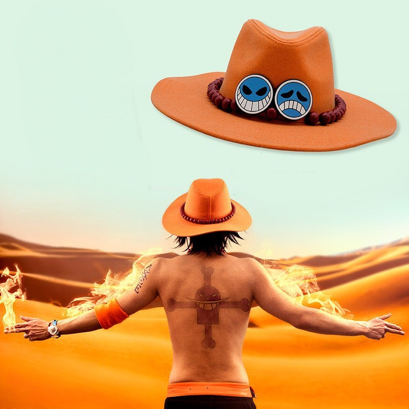 Fans Geek Store One Piece Portgas D. Ace cosplay hat replica with iconic orange color, beaded band, and face badges.