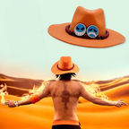 Fans Geek Store One Piece Portgas D. Ace cosplay hat replica with iconic orange color, beaded band, and face badges.