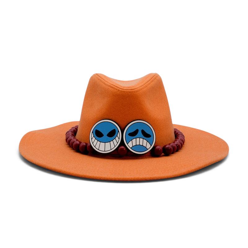 Fans Geek Store Portgas D. Ace cosplay hat in orange with iconic blue face badges and a beaded band