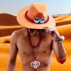 Fans Geek Store Portgas D. Ace cosplay hat with iconic red beads and blue face badges in a desert setting