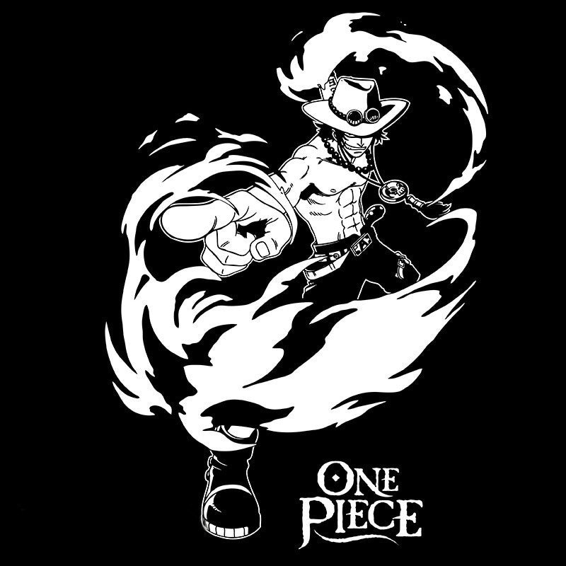 Fans Geek Store black unisex cotton t-shirt featuring a white graphic of Portgas D. Ace from One Piece with fire.