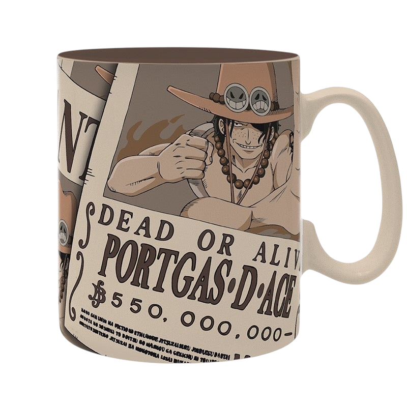 Fans Geek Store ceramic One Piece mug featuring Portgas D. Ace wanted poster design in beige and brown tones