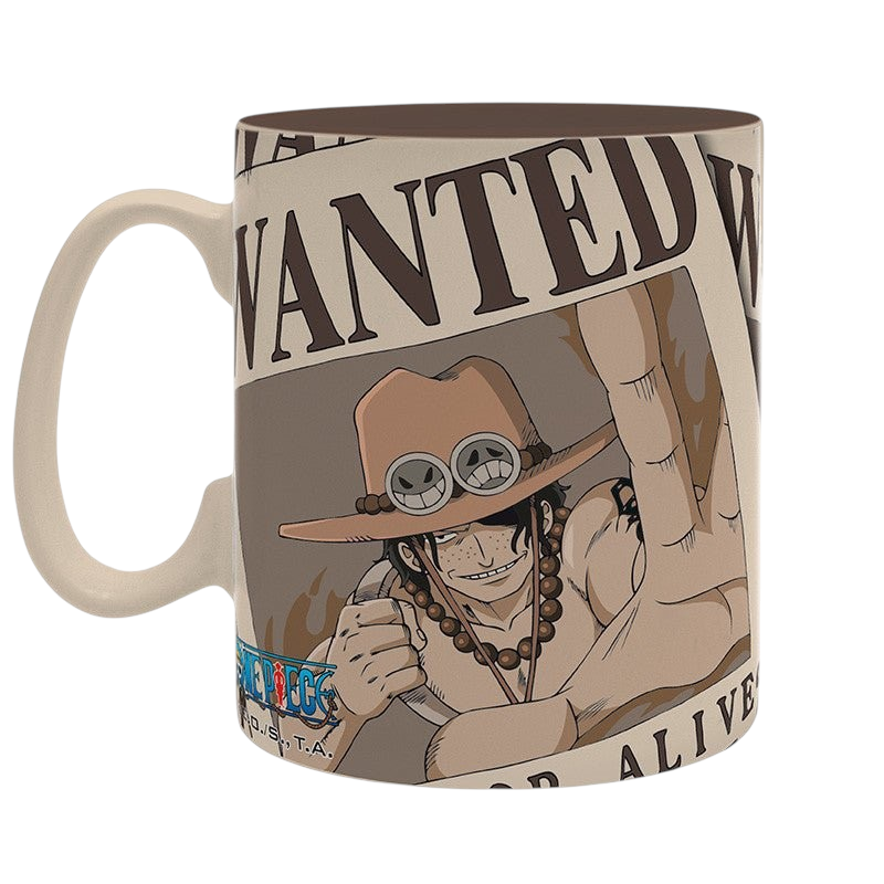 Fans Geek Store One Piece ceramic mug featuring Portgas D. Ace wanted poster design in beige and brown tones