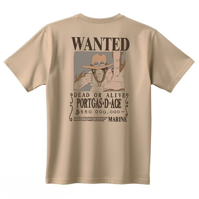 Fans Geek Store sand-colored cotton t-shirt featuring a Portgas D. Ace wanted poster graphic on the back