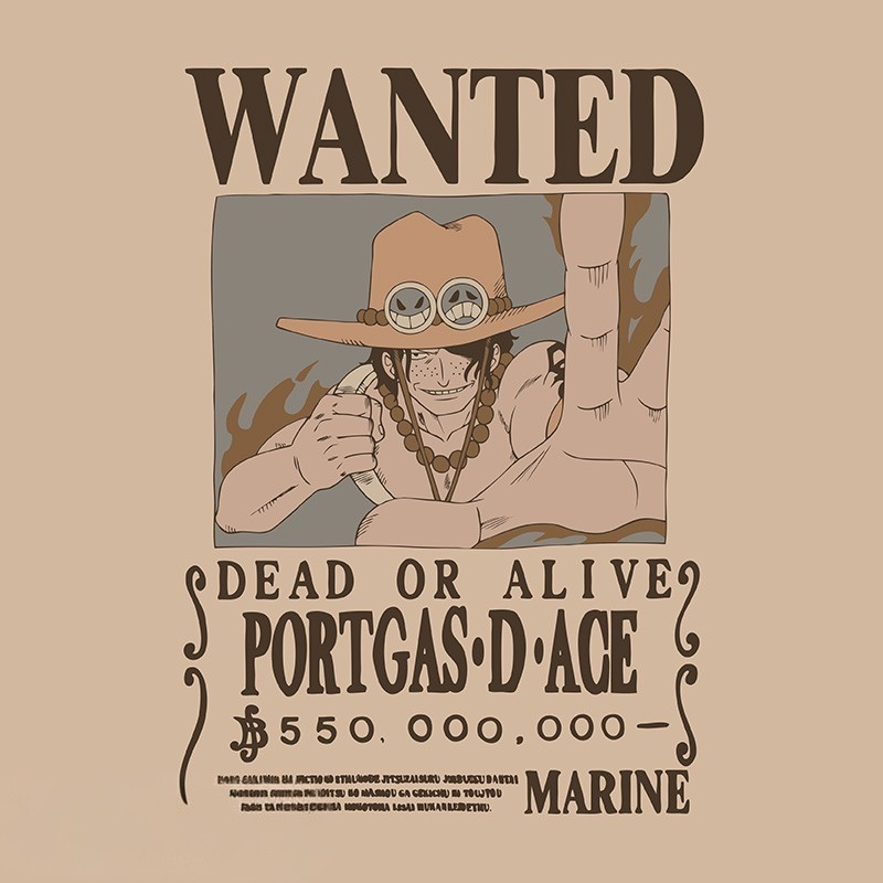 Fans Geek Store sand-coloured 100% cotton One Piece T-shirt featuring a Portgas D. Ace wanted poster graphic.