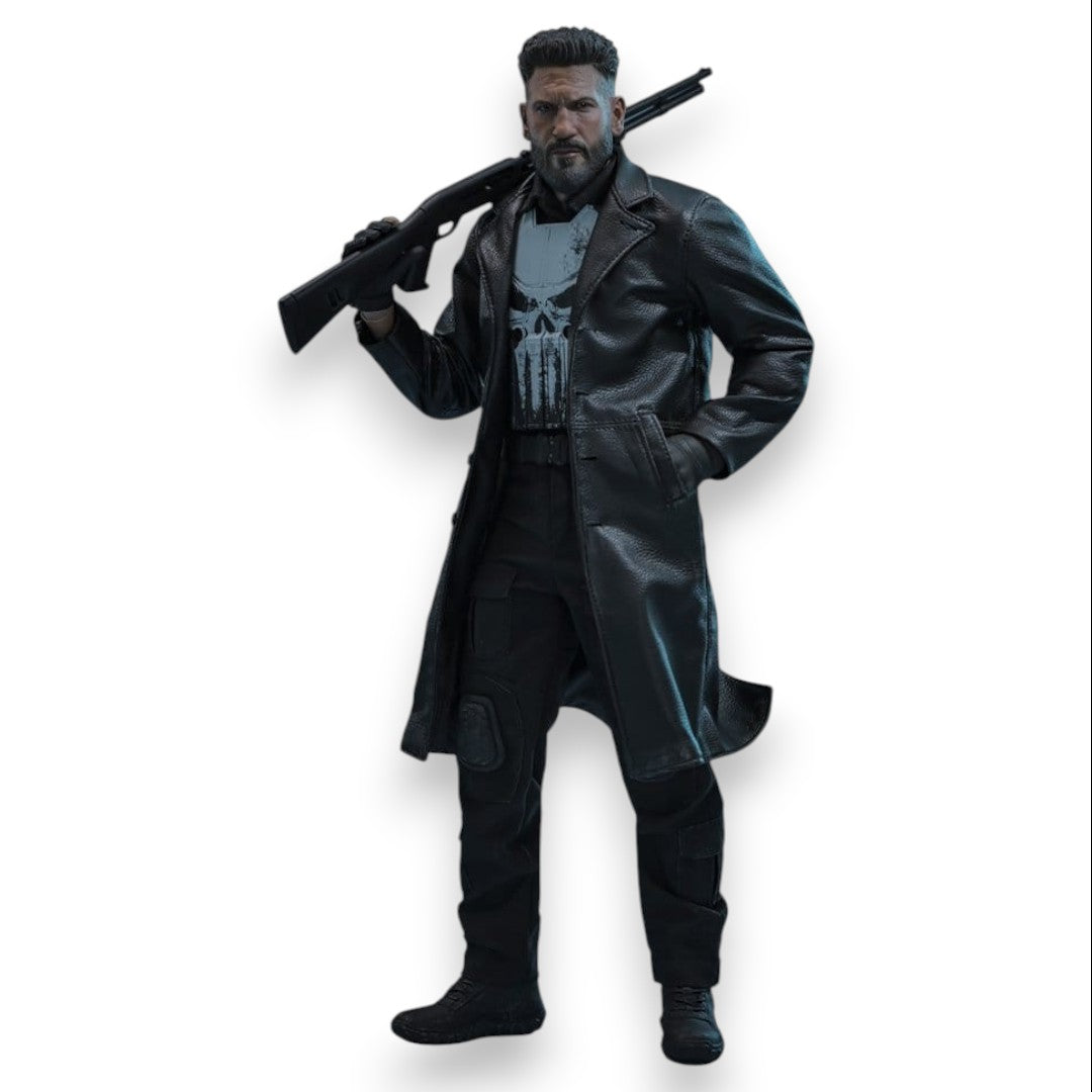 Fans Geek Store 1/6 scale The Punisher action figure, 31cm, with black leather coat, tactical pants, and shotgun.