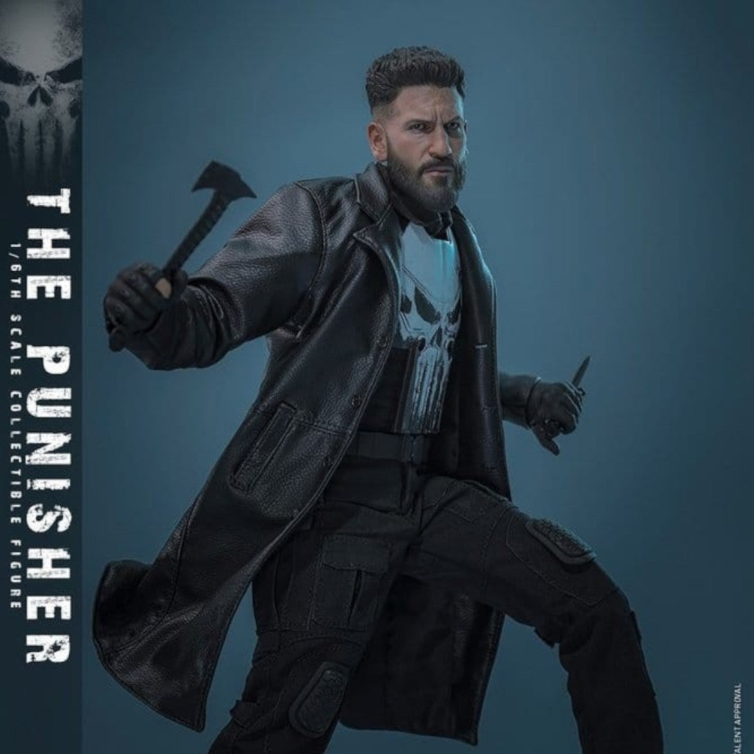 Fans Geek Store 1/6 scale The Punisher action figure, based on Jon Bernthal, wearing black tactical gear and a skull vest.