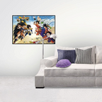 Fans Geek Store purple Master Roshi turtle shell plush cushion on a grey sofa under a Dragon Ball wall poster