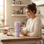 Fans Geek Store Pusheen stainless steel tumbler, 1130ml, light purple with Pusheen cat and heart graphic, includes straw and handle.