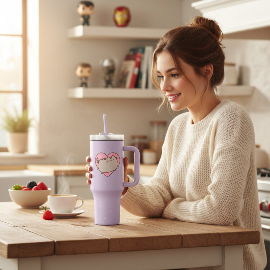 Fans Geek Store Pusheen stainless steel tumbler, 1130ml, light purple with Pusheen cat and heart graphic, includes straw and handle.