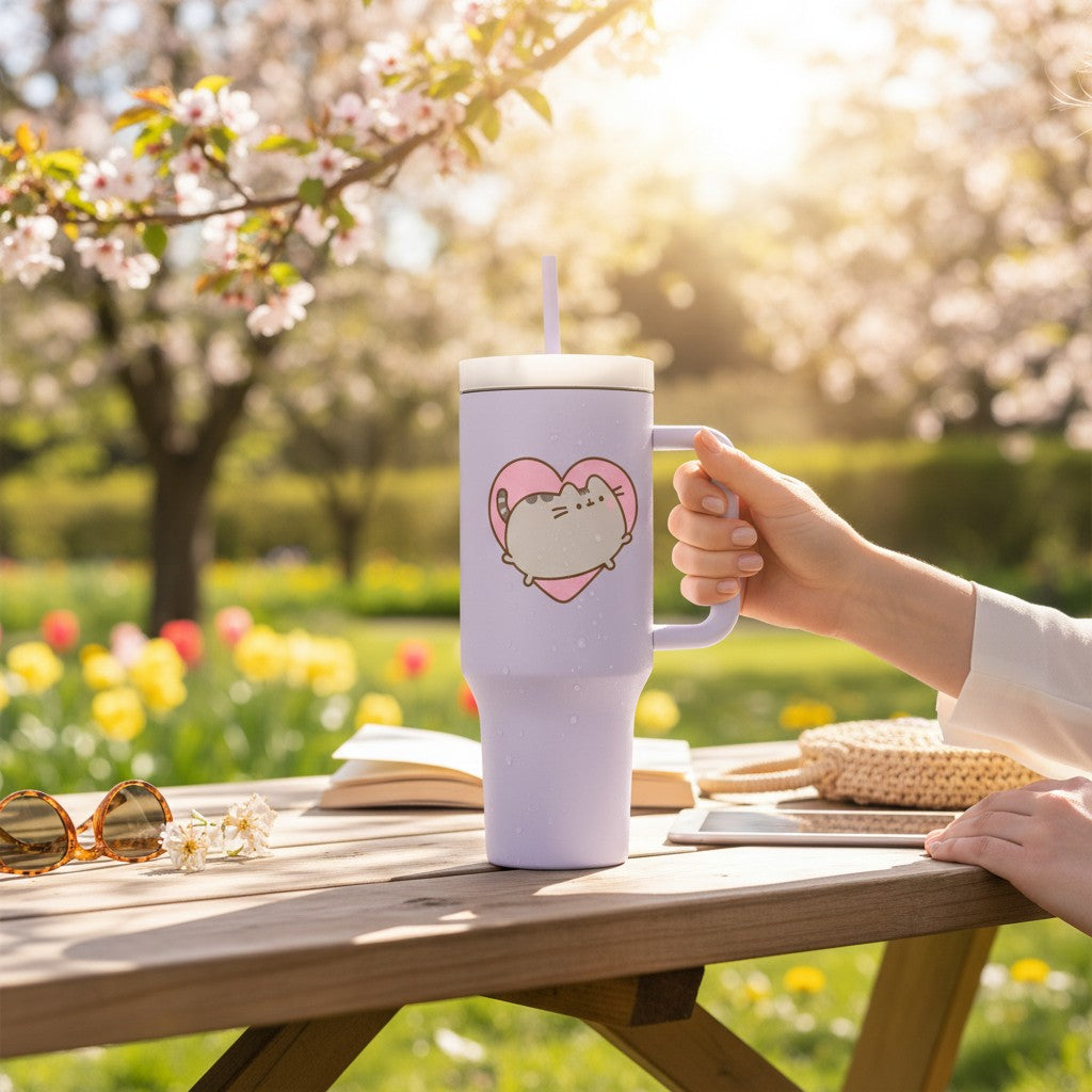 Fans Geek Store Pusheen stainless steel tumbler with straw, 1130ml, light purple with Pusheen cat graphic on pink heart.