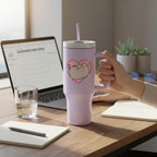 Fans Geek Store lavender stainless steel tumbler with Pusheen cat graphic on pink heart, 1130ml capacity, with handle and straw.