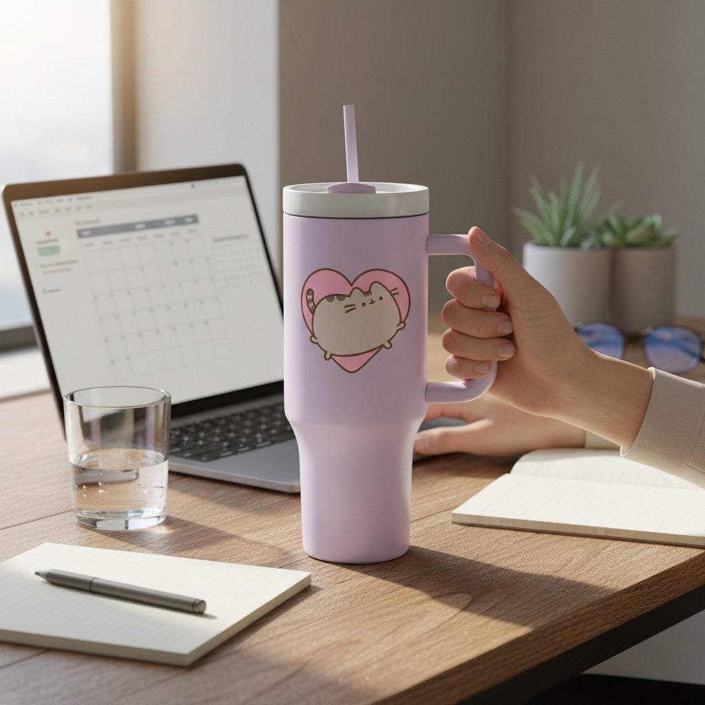 Fans Geek Store lavender stainless steel tumbler with Pusheen cat graphic on pink heart, 1130ml capacity, with handle and straw.