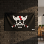 Fans Geek Store official One Piece Red Hair Pirates flag with Shanks skull emblem hanging on a dark brick wall