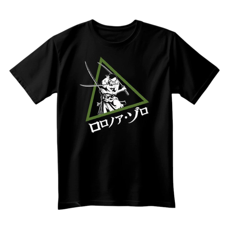 Fans Geek Store black cotton T-shirt featuring a graphic print of Roronoa Zoro from One Piece in a green triangle.