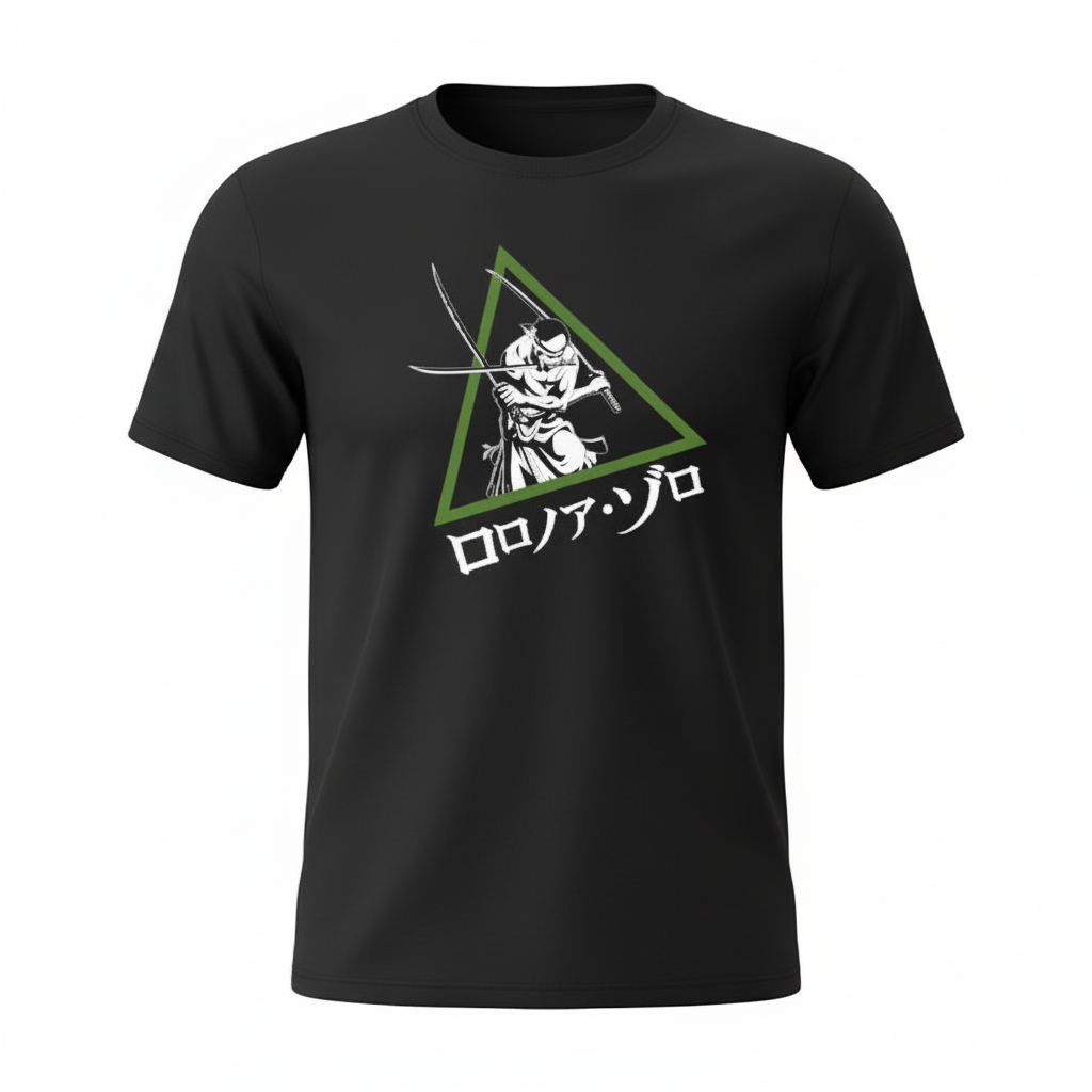 Fans Geek Store black cotton unisex T-shirt featuring a white Roronoa Zoro graphic inside a green triangle