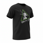 Fans Geek Store black cotton unisex T-shirt featuring a Roronoa Zoro graphic from One Piece inside a green triangle.