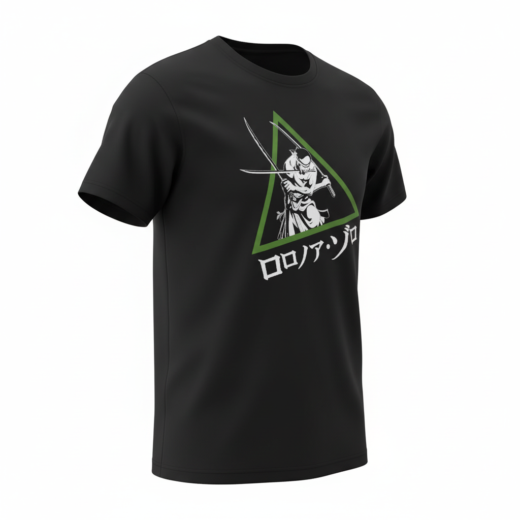 Fans Geek Store black cotton unisex T-shirt featuring a Roronoa Zoro graphic from One Piece inside a green triangle.