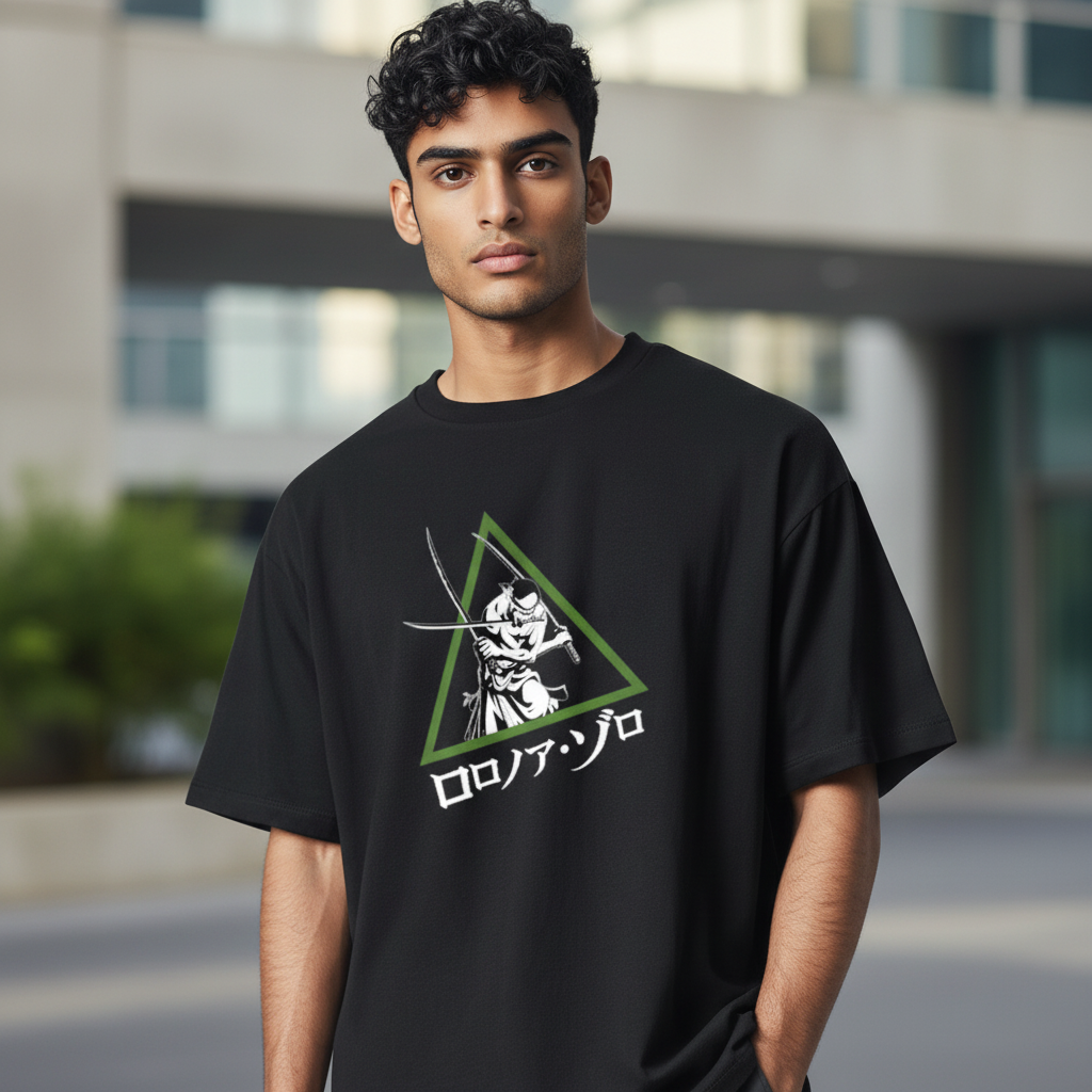 Fans Geek Store black unisex cotton T-shirt featuring a Roronoa Zoro graphic print in a green triangle