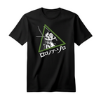 Fans Geek Store black cotton unisex T-shirt featuring a Roronoa Zoro graphic from One Piece inside a green triangle.