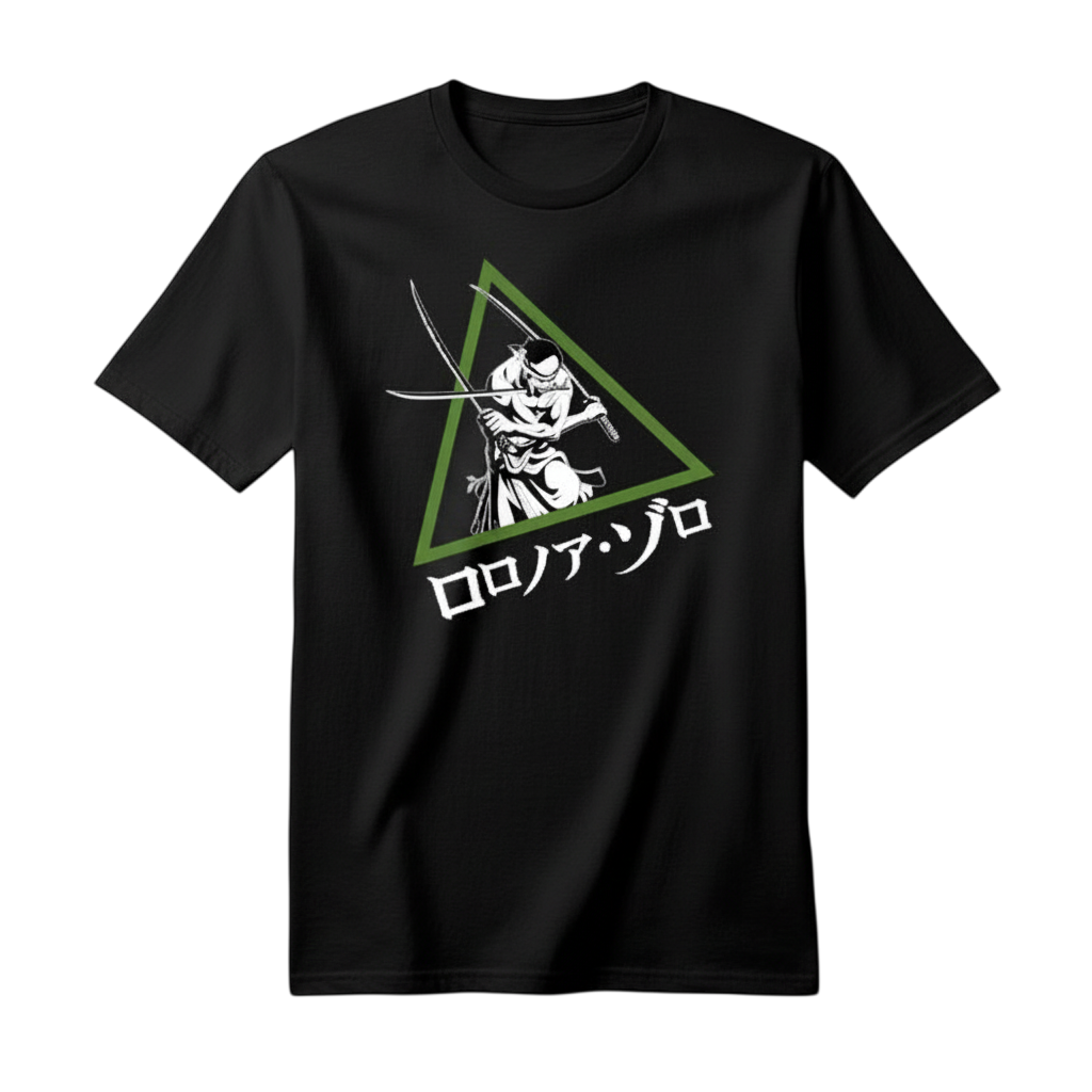 Fans Geek Store black cotton unisex T-shirt featuring a Roronoa Zoro graphic from One Piece inside a green triangle.