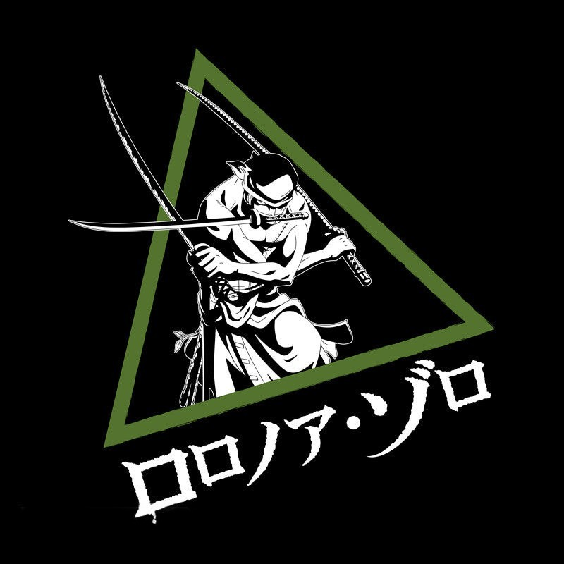 Fans Geek Store black cotton T-shirt featuring a white graphic of Roronoa Zoro from One Piece with swords