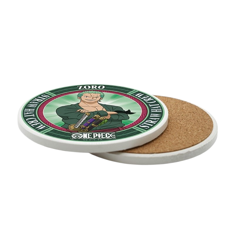 Fans Geek Store One Piece Roronoa Zoro ceramic coaster with cork base featuring green design and Straw Hat Crew text