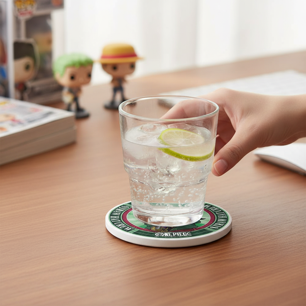 Fans Geek Store ceramic One Piece Roronoa Zoro coaster with cork base under a glass of water on a wooden desk