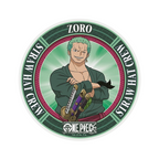 Fans Geek Store round ceramic One Piece coaster featuring Roronoa Zoro with green background and Straw Hat Crew text