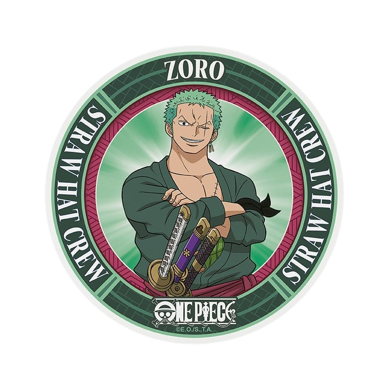 Fans Geek Store round ceramic One Piece coaster featuring Roronoa Zoro with green background and Straw Hat Crew text