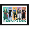 Fans Geek Store framed One Piece poster featuring five different character designs of Roronoa Zoro on photo paper.
