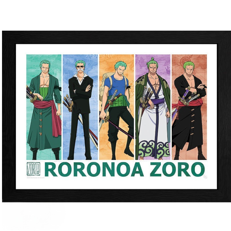 Fans Geek Store framed One Piece poster featuring five different character designs of Roronoa Zoro on photo paper.