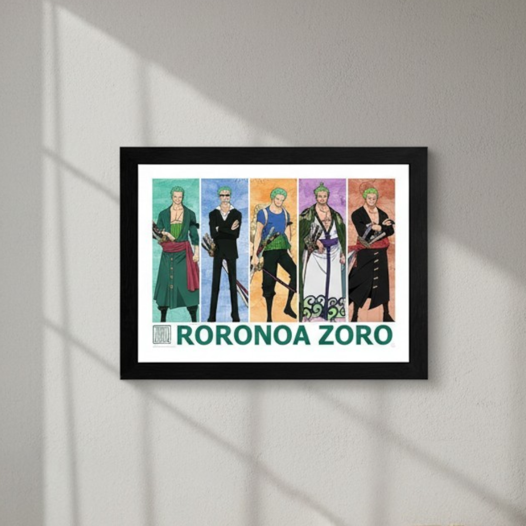 Fans Geek Store framed One Piece poster featuring five different illustrations of Roronoa Zoro on photo paper
