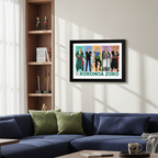 Fans Geek Store framed One Piece poster featuring Roronoa Zoro in various outfits hanging above a blue sofa.