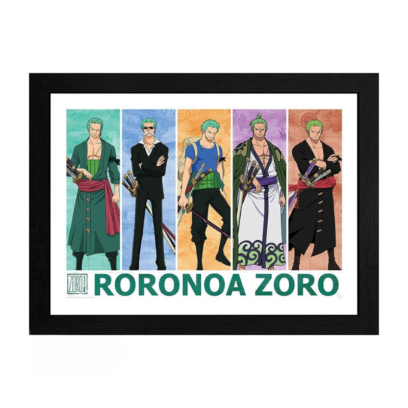 Fans Geek Store framed One Piece poster featuring five different outfits of Roronoa Zoro on a colorful background.
