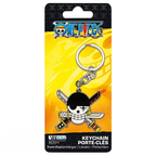 Fans Geek Store One Piece metal keychain featuring Roronoa Zoro's iconic skull and crossed swords emblem.